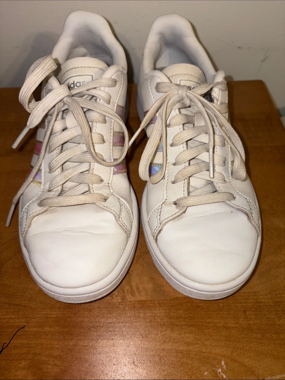 adidas White Leather Sneakers with Iridescent Pink-Blue Stripes